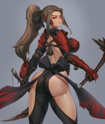 Rule 34 | 1girl, armor, ass, backless outfit, black bow, bow, breastplate, breasts, brown hair, dual wielding, from behind, hair bow, hip vent, holding, holding weapon, large breasts, looking at viewer, looking back, monster hunter, monster hunter: world, monster hunter (series), niur, odogaron (armor), ponytail, red eyes, rope, solo, vambraces, warrior, weapon