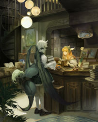 Rule 34 | animal ears, ashukapeka, black footwear, book, book stack, bookshelf, bookstore, ceiling light, counter, demon wings, detached sleeves, dress, facing away, hairband, highres, holding, holding book, inkwell, kneehighs, library, long hair, long sleeves, looking at another, open book, orb, original, pinafore dress, quill, reading, rug, shoes, shop, short hair, side ponytail, sleeveless dress, socks, standing, statue, tail, tail ornament, tree, wings