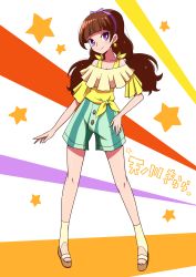 Rule 34 | 1girl, amanogawa kirara, blush, brown hair, character name, earrings, go! princess precure, hair ribbon, hairband, hand on own hip, jewelry, long hair, precure, purple eyes, ribbon, sandals, shirono, shorts, smile, solo, star (symbol), star earrings, striped clothes, striped shorts, twintails, vertical-striped clothes, vertical-striped shorts