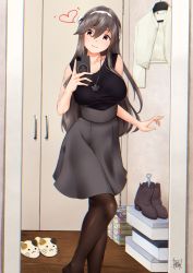 Rule 34 | 1girl, anchor symbol, bedroom, black shirt, black thighhighs, boots, breasts, brown footwear, cellphone, clothes hanger, grey hair, grey skirt, hair between eyes, hairband, haruna (kancolle), heart, highres, holding, holding phone, jewelry, kantai collection, large breasts, long hair, magazine (object), mirror, necklace, off shoulder, phone, pink eyes, selfie, shirt, signature, skirt, slippers, smartphone, smile, solo, tadokoro nurikabe, thighhighs, white hairband