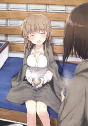 Rule 34 | 2girls, ^ ^, absurdres, alternate hairstyle, blanket, blush, breasts, brown hair, cleavage, closed eyes, collarbone, cup, dress shirt, eyebrows, closed eyes, hair down, head tilt, highres, holding, holding cup, long hair, long sleeves, lynette bishop, medium breasts, miyafuji yoshika, multiple girls, non-web source, official art, partially unbuttoned, scan, shimada fumikane, shirt, silhouette, sitting, steam, strike witches, white shirt, wing collar, world witches series