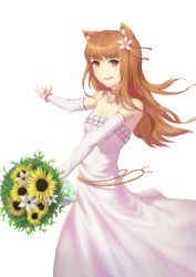 Rule 34 | 1girl, :d, absurdres, animal ear fluff, animal ears, bouquet, breasts, brown eyes, brown hair, choker, collarbone, detached sleeves, dress, floating hair, flower, hair flower, hair ornament, highres, holding, holding bouquet, holo, long dress, long hair, long sleeves, looking at viewer, open mouth, pink flower, simple background, sleeveless, sleeveless dress, small breasts, smile, solo, spice and wolf, standing, strapless, strapless dress, sunflower, very long hair, wedding dress, white background, white dress, white flower, white sleeves, wolf ears, yellow flower, youzi (small shabao)