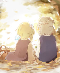 Rule 34 | 1boy, 1girl, artist name, basket, blonde hair, book, child, commentary request, couple, drawing, dress, drop 0720, flower, from behind, genshin impact, grey hair, hair flower, hair ornament, hetero, highres, lumine (genshin impact), picnic, picnic basket, short hair