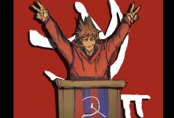 Rule 34 | 1boy, arms up, black eyes, brown hair, closed mouth, commentary, dora (dorrra05), double v, drop shadow, eddsworld, flipped hair, half-closed eyes, hammer and sickle, highres, hood, hood down, hoodie, lectern, long sleeves, looking at viewer, male focus, medium hair, pillarboxed, red background, red hoodie, smirk, solo, spiked hair, symbol-only commentary, tord (eddsworld), upper body, v, victory pose