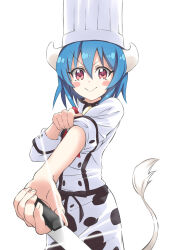 Rule 34 | 1girl, :&gt;, absurdres, animal print, blue hair, blush, chef hat, closed mouth, cow girl, cow horns, cow print, cow tail, hat, highres, holding, holding knife, horns, jashin-chan dropkick, knife, looking at viewer, minos (jashin-chan dropkick), pink eyes, short hair, sleeves rolled up, smile, solo, tail, white hat, yuuki shushu