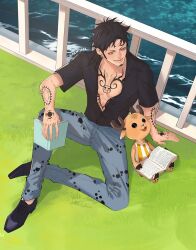 Rule 34 | 2boys, antlers, arm tattoo, black hair, black shirt, book, chest tattoo, commentary, denim, earrings, facial hair, goatee, hand tattoo, holding, holding book, horns, jeans, jewelry, looking up, male focus, multiple boys, no headwear, ocean, on grass, one piece, pants, rami rz, reindeer antlers, shirt, short hair, smile, striped clothes, striped shirt, tattoo, thai commentary, tony tony chopper, trafalgar law, twitter username, vertical-striped clothes, vertical-striped shirt