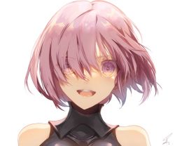 Rule 34 | 1girl, :d, eyes visible through hair, fate/grand order, fate (series), hair between eyes, looking at viewer, mash kyrielight, open mouth, portrait, purple eyes, purple hair, saihate (d3), short hair, signature, simple background, smile, solo, white background