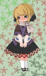 Rule 34 | 1girl, arm warmers, black footwear, black shirt, black skirt, blonde hair, blouse, blush, brown shirt, closed mouth, commentary request, embarrassed, floral background, full body, green background, green eyes, kotoha (pixiv83231), looking to the side, mary janes, mizuhashi parsee, pointy ears, scarf, shirt, shoes, short hair, short sleeves, skirt, socks, solo, standing, tearing up, touhou, undershirt, wavy mouth, white scarf, white socks