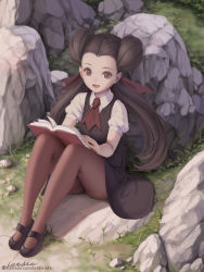 Rule 34 | 1girl, artist name, black footwear, bow, brown eyes, brown hair, brown pantyhose, creatures (company), dress, game freak, grass, gym leader, hair bow, hair pulled back, letdie1414, long hair, looking at viewer, mary janes, nintendo, open mouth, outdoors, pantyhose, pinafore dress, pokemon, pokemon oras, red bow, red neckwear, rock, roxanne (pokemon), shoes, sleeveless, sleeveless dress, smile, solo, twintails, very long hair, watermark, web address