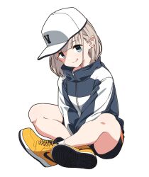 Rule 34 | 1girl, baseball cap, bike shorts, blue eyes, breasts, dot nose, earrings, full body, grey hair, hat, idolmaster, idolmaster shiny colors, indian style, jacket, jewelry, looking at viewer, multicolored clothes, multicolored jacket, nike (company), serizawa asahi, shoe soles, shoes, short hair, shuuto (shu-toritu), simple background, sitting, small breasts, smile, sneakers, socks, solo, tongue, tongue out, two-tone jacket, white background, white socks, yellow footwear, zipper, zipper pull tab