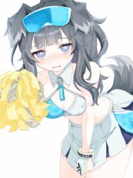 Rule 34 | 1girl, adjusting skirt, animal ears, black hair, blue archive, blue eyes, blush, bright pupils, cheerleader, collarbone, covering privates, covering crotch, dog ears, dog girl, dog tail, eyewear on head, gloves, hibiki (blue archive), hibiki (cheer squad) (blue archive), highres, looking at viewer, millennium cheerleader outfit (blue archive), pleated skirt, pom pom (cheerleading), ponytail, shino mera, skirt, solo, tail, white gloves, white pupils
