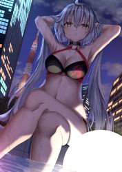 Rule 34 | 1girl, absurdres, ahoge, armpits, arms up, bare shoulders, bikini, black bikini, breasts, choker, cleavage, fate/grand order, fate (series), gloves, grey hair, highres, jeanne d&#039;arc alter (fate), jeanne d&#039;arc alter (swimsuit berserker) (fate), large breasts, long hair, looking at viewer, navel, night, night sky, o-ring, o-ring bikini, outdoors, revision, sitting, sky, solo, stomach, swimsuit, toukan, very long hair, wet, yellow eyes