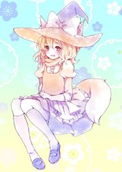 Rule 34 | 1girl, :d, animal ears, blonde hair, bow, braid, commentary, commission, ears through headwear, fang, fox ears, fox tail, full body, hair ribbon, hat, hat bow, kemonomimi mode, kirisame marisa, kneehighs, looking at viewer, mary janes, open mouth, peachpii, puffy short sleeves, puffy sleeves, ribbon, shoes, short sleeves, smile, socks, solo, tail, touhou, tress ribbon, vest, white bow, witch hat, yellow eyes