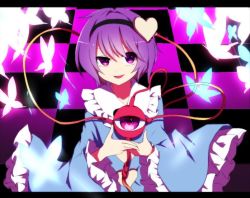 Rule 34 | 1girl, bad id, bad twitter id, blue shirt, bug, butterfly, checkered background, eyeball, frilled shirt collar, frilled sleeves, frills, hairband, heart, insect, komeiji satori, letterboxed, long sleeves, looking at viewer, parted lips, pink eyes, purple hair, raised eyebrow, shirt, short hair, smile, solo, third eye, touhou, uneven eyes, upper body, wide sleeves, you (noanoamoemoe)