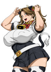 Rule 34 | 1girl, 2021, animal ears, animal print, arms up, blush, breasts, brown eyes, brown hair, chinese zodiac, cow ears, cow horns, cow print, cow tail, fake animal ears, fake horns, fake tail, gundam, gundam build fighters, gundam build fighters try, hair ornament, high-waist skirt, highres, horns, jun (rojiura jack), large breasts, nipples, open mouth, rojiura jack, sazaki kaoruko, simple background, skirt, smile, tail, thick thighs, thighhighs, thighs, twintails, white background, year of the ox