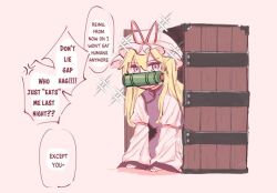 Rule 34 | 1girl, anger vein, bad id, bad twitter id, bit gag, blonde hair, box, crossover, english text, gag, hair between eyes, hat, implied yuri, in box, in container, kimetsu no yaiba, long hair, long sleeves, looking at viewer, mob cap, parody, pink background, purple eyes, simple background, solo, sparkle, speech bubble, touhou, typo, yakumo yukari, zy9