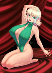 Rule 34 | 1girl, absurdres, aqua eyes, aqua hair, arm up, bare arms, bare legs, bare shoulders, barefoot, blonde hair, breasts, cleavage, covered erect nipples, ear piercing, freckles, full body, highres, jackie lynn thomas, large breasts, legs, leotard, looking at viewer, multicolored hair, open mouth, piercing, pokuytred, seiza, short hair, sitting, solo, star vs the forces of evil, teeth, tongue, two-tone hair, upper teeth only
