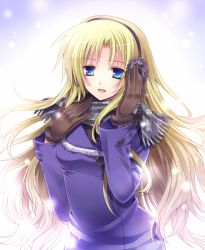 Rule 34 | 1girl, blonde hair, blue eyes, brown gloves, gloves, headphones, hino (mooncalf+t), long hair, open mouth, scarf, smile, solo, upper body, winter clothes