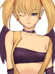 Rule 34 | 1girl, aq interactive, arcana heart, atlus, bandeau, bare shoulders, blonde hair, breasts, choker, collar, demon girl, earrings, examu, female focus, fumio (rsqkr), jewelry, lilica felchenerow, midriff, one eye closed, pointy ears, purple eyes, simple background, small breasts, smile, solo, strapless, tube top, twintails, underboob, upper body, vest, white background, wings, wink