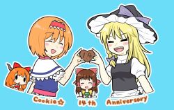 Rule 34 | 4girls, :d, alice margatroid, anniversary, black headwear, black vest, blonde hair, blue background, blue dress, blush, bow, braid, brown hair, brown horns, bseibutsu, candy, capelet, chocolate, chocolate heart, closed eyes, commentary request, cookie (touhou), cup, dress, food, frilled hair tubes, frilled hairband, frills, hair bow, hair tubes, hairband, hakurei reimu, hat, heart, hinase (cookie), holding, holding cup, horns, ibuki suika, kirisame marisa, long hair, medium bangs, multiple girls, open mouth, orange hair, pink sash, puffy short sleeves, puffy sleeves, red bow, red hairband, reu (cookie), sash, shirt, short sleeves, simple background, single braid, smile, solid oval eyes, touhou, turtleneck, upper body, uzuki (cookie), vest, white capelet, white shirt, witch hat, yamin (cookie), yunomi