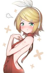 Rule 34 | 1girl, :t, alternate costume, aqua eyes, arched back, backless outfit, bad id, bad pixiv id, bare arms, bare shoulders, blonde hair, blush, closed mouth, embarrassed, from side, fume, giryu, hair ornament, hair ribbon, hairclip, hands on own chest, headphones, kagamine rin, looking at viewer, looking to the side, meme attire, nose blush, number tattoo, pout, red sweater, ribbon, short hair, shoulder tattoo, simple background, sleeveless, sleeveless turtleneck, solo, sweater, swept bangs, tattoo, tearing up, turtleneck, upper body, v-shaped eyebrows, virgin killer sweater, vocaloid, white background, white ribbon