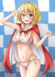 Rule 34 | 1girl, anti (untea9), bikini, bikini under clothes, blonde hair, blue eyes, braid, breasts, cape, checkered background, cleavage, colorado (kancolle), commentary request, cowboy shot, embarrassed, highres, kantai collection, large breasts, red cape, short hair, side-tie bikini bottom, side braids, solo, standing, swimsuit, tiara, v, white bikini