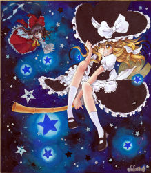 Rule 34 | 2girls, acrylic paint (medium), bad id, bad pixiv id, bamboo broom, blonde hair, bow, broom, broom riding, brown hair, color ink (medium), female focus, gohei, grin, hair bow, hakurei reimu, hat, japanese clothes, kirisame marisa, mary janes, miko, mosho, multiple girls, outstretched arm, painting (medium), red eyes, shikishi, shoes, signature, smile, star (symbol), touhou, traditional media, watercolor (medium), witch, witch hat, yellow eyes