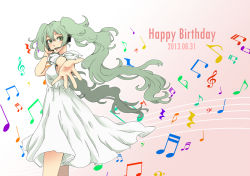 Rule 34 | 1girl, bass clef, beamed quavers, cowboy shot, crotchet rest, dated, dress, foreshortening, furyou, gradient background, green eyes, green hair, hand on headwear, happy birthday, hatsune miku, headset, highres, long hair, looking at viewer, matching hair/eyes, microphone, musical note, open mouth, outstretched hand, quaver, quaver rest, solo, standing, treble clef, twintails, vocaloid, white dress