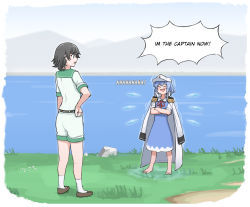 Rule 34 | 2girls, anchor symbol, belt, black hair, blue dress, blue hair, blush stickers, bow, captain phillips, cirno, closed eyes, coat, coat on shoulders, commentary, commission, crossed arms, dress, english text, epaulettes, grass, green eyes, hand on own hip, hat, highres, ice, ice wings, laughing, look at me i&#039;m the captain now (meme), mata (matasoup), multiple girls, murasa minamitsu, open mouth, pinafore dress, red bow, red neckwear, rock, sailor collar, shirt, shoes, short hair, short sleeves, shorts, sleeveless, sleeveless dress, socks, touhou, water, white shirt, white shorts, wings