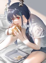 Rule 34 | 1girl, arknights, blue hair, blue shorts, burger, ch&#039;en (arknights), eating, flower, food, gawako, highres, horns, looking at viewer, medium hair, open mouth, red eyes, shirt, shorts, sitting, solo, thighhighs, tray, twintails, white shirt