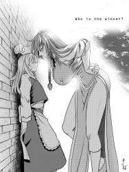 Rule 34 | 2girls, against wall, apron, braid, breasts, brick wall, chinese clothes, closed mouth, commentary request, day, english text, eye contact, face-to-face, feet out of frame, frills, from side, furrowed brow, greyscale, height difference, hong meiling, huge breasts, kabedon, kirisame marisa, koyubi (littlefinger1988), leaning forward, long hair, long sleeves, looking at another, looking down, looking up, monochrome, multiple girls, no headwear, outdoors, pants, shirt, side braid, side slit, single braid, skirt, smile, standing, standing on one leg, tall female, touhou, twin braids, vest, waist apron