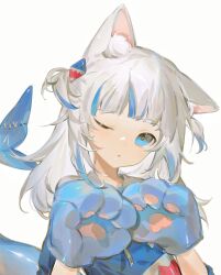 Rule 34 | 1girl, animal ear fluff, animal ears, animal hands, blue eyes, blue hair, blue hoodie, blunt bangs, cat day, cat ears, cat paws, fins, fish tail, gawr gura, grey hair, hair ornament, head tilt, highres, hololive, hololive english, hood, hoodie, long hair, looking at viewer, multicolored hair, one eye closed, ranqi070, shark girl, shark hair ornament, shark tail, simple background, streaked hair, tail, two side up, virtual youtuber, white background