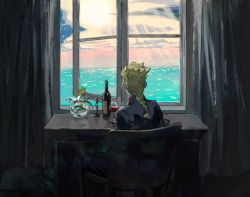 Rule 34 | 1boy, alcohol, blonde hair, blue jacket, bottle, braid, chair, cloud, commentary, cup, curtains, day, desk, drinking glass, facing away, feet out of frame, flower, from behind, giorno giovanna, gradient sky, horizon, indoors, jacket, jojo no kimyou na bouken, lantern madoyoi, light rays, medium hair, ocean, on chair, open window, single braid, sitting, sky, solo, sunbeam, sunlight, symbol-only commentary, vase, vento aureo, water, white flower, window, wine, wine bottle, wine glass, yellow flower