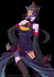 Rule 34 | 1girl, bare shoulders, black background, black hair, black thighhighs, breasts, brooch, claws, cleavage, company name, copyright name, detached sleeves, dress, empty eyes, haje, hand on own hip, hat, jewelry, jiangshi, lips, looking at viewer, low ponytail, qingdai guanmao, red eyes, side slit, simple background, smile, solo, talisman, thighhighs, turtleneck, watermark, zombie