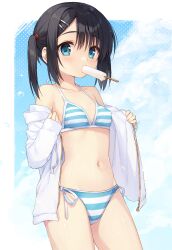 Rule 34 | 1girl, alternate costume, aqua eyes, bare shoulders, bikini, black hair, blue sky, blush, border, breasts, cofetaru, collarbone, commentary, cowboy shot, day, dracu-riot!, eyelashes, food in mouth, hair between eyes, hair ornament, hairclip, halterneck, highres, jacket, looking at viewer, medium hair, mera azusa, navel, open clothes, open jacket, outdoors, popsicle, popsicle in mouth, shiny skin, side-tie bikini bottom, side ponytail, sky, sleeves past wrists, small breasts, solo, standing, stomach, striped bikini, striped clothes, swimsuit, undressing, white border, white jacket