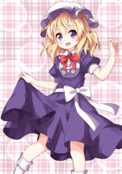 Rule 34 | 1girl, blonde hair, bow, bowtie, center frills, dress, frills, hair between eyes, hat, highres, holding, holding clothes, holding dress, looking at viewer, maribel hearn, medium hair, mob cap, open mouth, pink background, plaid, plaid background, puffy short sleeves, puffy sleeves, purple dress, purple eyes, red bow, red bowtie, ruu (tksymkw), short sleeves, smile, solo, standing, touhou, white bow, white hat, white legwear