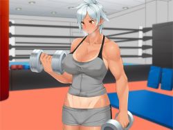 Rule 34 | 1girl, 23 (real xxiii), boxing ring, breasts, breath, brown eyes, collarbone, dark-skinned female, dark skin, dumbbell, exercising, game cg, gym, gym uniform, large breasts, muscular, muscular female, short hair, silver hair, solo, tan, tanline, weightlifting, weights, wrestling ring