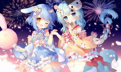 Rule 34 | 2girls, :o, ;d, aerial fireworks, animal ears, azur lane, bare shoulders, blue eyes, blue hair, blue kimono, blue sleeves, blush, braid, character mask, chocolate, commentary request, cotton candy, cowboy shot, detached sleeves, dress, festival, fireworks, fish, floral print, food, frilled kimono, frills, green hair, hair between eyes, hair ornament, highres, holding, holding food, holding hands, japanese clothes, kimono, lace, long hair, long sleeves, looking at viewer, mask, mask on head, mikazuki (azur lane), minazuki (azur lane), multiple girls, mutsuki face (azur lane), night, one eye closed, open mouth, partial commentary, petals, pink ribbon, rabbit, rabbit ears, red ribbon, ribbed dress, ribbon, short kimono, sidelocks, skindentation, sleeveless, sleeveless kimono, smile, squirrel ears, squirrel tail, standing, tail, taiyaki, thighhighs, thighs, tsukimi (xiaohuasan), very long hair, wagashi, white legwear, yellow kimono, yellow ribbon, yellow sleeves, yukata, zettai ryouiki