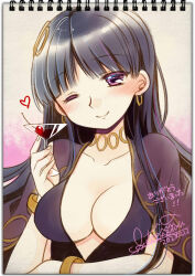 Rule 34 | 1girl, ;), black dress, black hair, blush, breasts, capelet, cherry, cleavage, closed mouth, cocktail glass, commentary request, cup, dress, drink, drinking glass, earrings, food, fruit, head tilt, heart, holding, holding cup, jewelry, long hair, medium breasts, one eye closed, plunging neckline, purple capelet, purple eyes, rose guns days, sakurazawa izumi, smile, solo, stella maiougi, upper body
