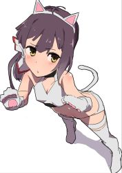 Rule 34 | 1girl, ahoge, animal ears, animal hands, asymmetrical bangs, bare shoulders, blush, boots, breasts, cat ears, cat girl, cat lingerie, cat paws, cat tail, comala (komma la), commentary, fake animal ears, fujinami (kancolle), grey thighhighs, hair between eyes, hair ribbon, high heel boots, high heels, kantai collection, long hair, looking away, looking up, meme attire, pantyhose, paw pose, purple hair, ribbon, side ponytail, sketch, small breasts, solo, tail, thighhighs, underwear, white ribbon, yellow eyes