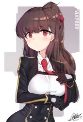 Rule 34 | 1girl, absurdres, bil-ajeossi, black gloves, braid, breast hold, breasts, brown hair, character name, closed mouth, collar, collared shirt, crown braid, dated, girls&#039; frontline, gloves, hair ribbon, highres, large breasts, long hair, necktie, ponytail, red eyes, red necktie, red ribbon, ribbon, shirt, signature, simple background, solo, standing, upper body, wa2000 (girls&#039; frontline), white shirt