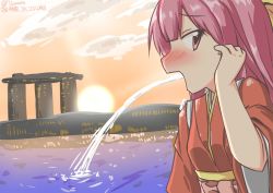 Rule 34 | 10s, 172cm, 1girl, bow, building, character name, forced perspective, hair bow, hakama, hakama skirt, japanese clothes, kamikaze (kancolle), kantai collection, kimono, long hair, looking at viewer, marina bay sands, meiji schoolgirl uniform, one-hour drawing challenge, open mouth, orange sky, pink hakama, purple eyes, purple hair, red kimono, singapore, skirt, sky, solo, sunset, twitter username, upper body, water, yellow bow