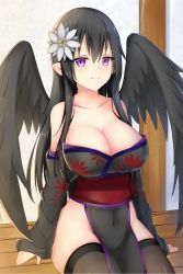 Rule 34 | 1girl, alternate costume, black hair, black thighhighs, black wings, breasts, chixiao, cleavage, covered navel, flower, hair flower, hair ornament, highres, japanese clothes, large breasts, long hair, looking at viewer, pelvic curtain, persephone (p&amp;d), pointy ears, purple eyes, puzzle &amp; dragons, sitting, smile, solo, thighhighs, wide sleeves, wings