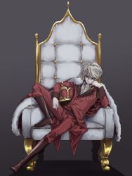 Rule 34 | 10s, 1boy, aldnoah.zero, artist request, boots, crown, double-breasted, epaulettes, leaning to the side, male focus, military, military uniform, short hair, silver hair, simabe, sitting, slaine troyard, solo, throne, uniform