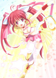 Rule 34 | 1girl, :d, ahoge, azuma yuki, boots, breasts, full body, hair ribbon, heart, leaning, magical girl, open mouth, original, pink ribbon, pleated skirt, red hair, ribbon, skirt, smile, solo, star (symbol), twintails, wand, wristband