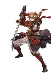 Rule 34 | 10s, 1boy, alpha transparency, armor, brown eyes, brown hair, fighting stance, full body, gran (granblue fantasy), granblue fantasy, japanese armor, kote, kusazuri, looking at viewer, male focus, minaba hideo, official art, samurai (granblue fantasy), scabbard, sheath, short hair, shoulder armor, sode, solo, suneate, sword, transparent background, weapon