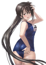 Rule 34 | 1girl, ass, bare arms, bare legs, bare shoulders, black hair, blue one-piece swimsuit, blush, brown eyes, cowboy shot, hair between eyes, kantai collection, long hair, nachi (kancolle), name tag, one-piece swimsuit, open mouth, school swimsuit, side ponytail, simple background, solo, swimsuit, toka (marchlizard), white background