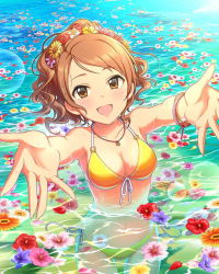 Rule 34 | 10s, 1girl, alternate hairstyle, bikini, bracelet, breasts, brown eyes, brown hair, cleavage, floating, floating object, flower, foreshortening, front-tie bikini top, front-tie top, hair flower, hair ornament, head wreath, hibiscus, houjou karen, idolmaster, idolmaster cinderella girls, jewelry, matching hair/eyes, necklace, official art, open mouth, outstretched arms, partially submerged, reaching, reaching towards viewer, side-tie bikini bottom, smile, solo, swimsuit, water, wavy hair, yellow bikini
