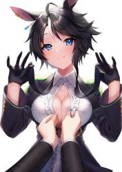 Rule 34 | 1girl, ahoge, animal ears, black gloves, black hair, black jacket, black neckwear, blue eyes, blush, breasts, cleavage, closed mouth, collared shirt, commentary request, fuji kiseki (umamusume), gloves, hands up, highres, holding necktie, horse ears, horse girl, jacket, large breasts, long sleeves, looking at viewer, mikazuki mika, multicolored hair, necktie, no bra, open clothes, open jacket, open shirt, partially unbuttoned, pov, shirt, short hair, simple background, smile, solo focus, streaked hair, umamusume, undone necktie, upper body, white background, white hair, white shirt