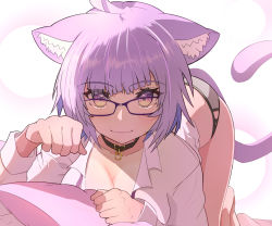 Rule 34 | 1girl, :3, absurdres, ahoge, animal collar, animal ears, black collar, black panties, blue hair, breasts, cat ears, cat girl, cat tail, cleavage, collar, colored inner hair, commentary request, crossed bangs, diagonal bangs, hego 0102, highres, hololive, long sleeves, looking at viewer, multicolored hair, nekomata okayu, nekomata okayu (oversized shirt), panties, paw pose, pillow, purple eyes, purple hair, shirt, short hair, solo, tail, underwear, virtual youtuber, white shirt